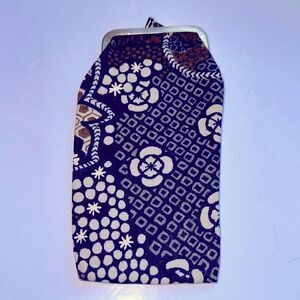 Vtg navy blue, brown & cream cloth snap top glasses case/cigarette holder